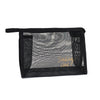 A black mesh travel cosmetic storage pouch with a drawstring closure.