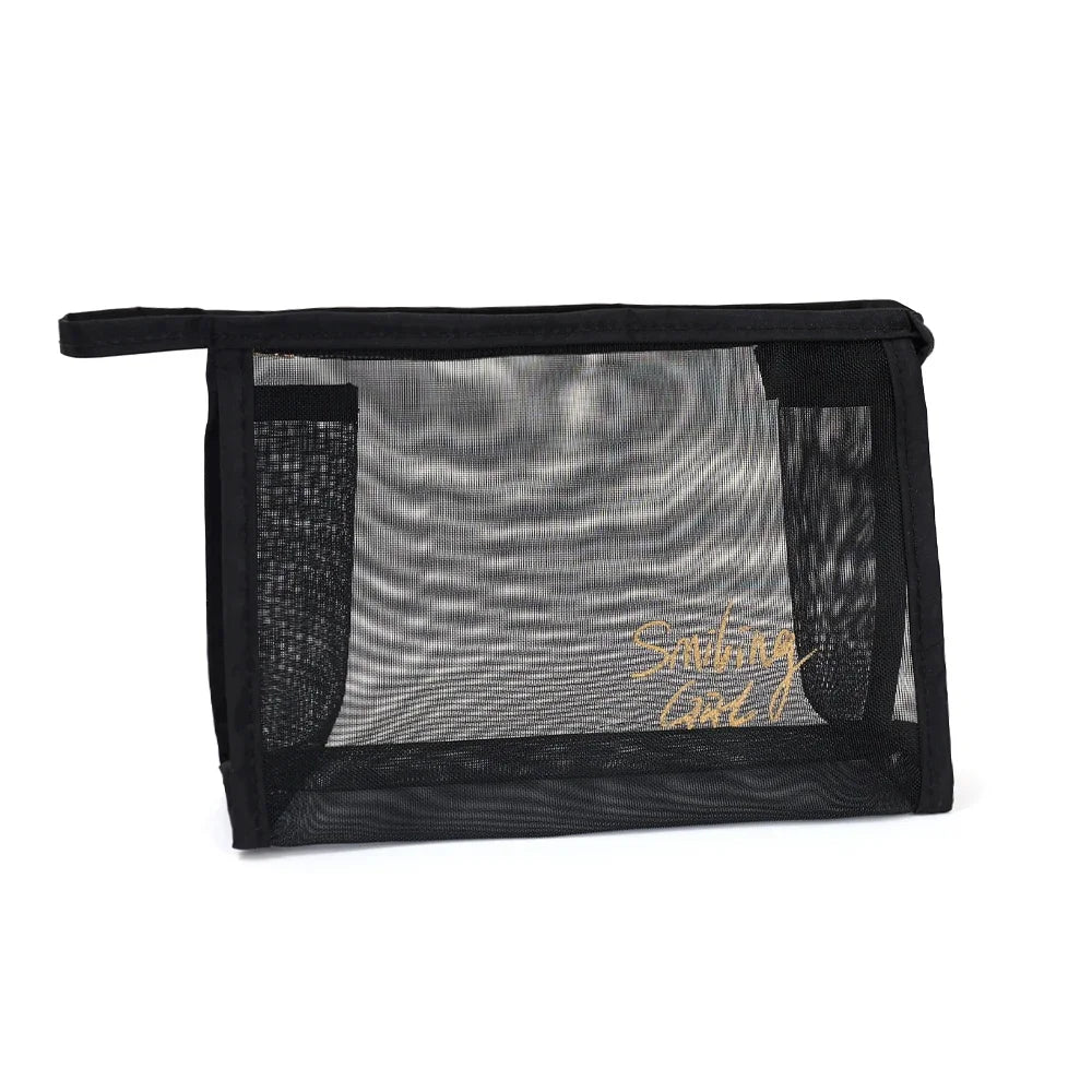 A black mesh travel cosmetic storage pouch with a drawstring closure.