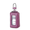 A purple leather car key case with a transparent window and silver clasp.