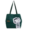 A dark green canvas tote bag featuring a white Snoopy graphic.