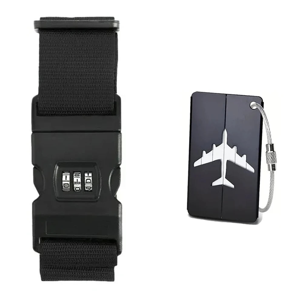 Black adjustable luggage security strap with a black strap and a rectangular black device.