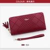 A maroon quilted clutch wallet with a gold chain detail shown against a white background.