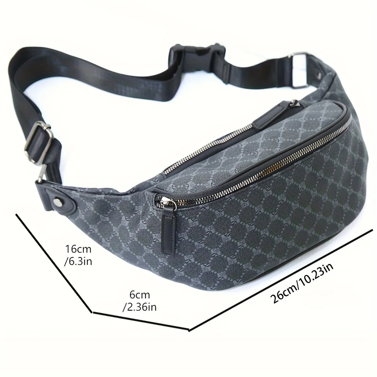 Pochette à taille noire de créateur avec fermeture éclair et sangle réglable, vue de dessus.