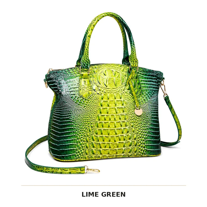 Limettengrüne krokodierartige Top-Handtasche mit Schulterriemen.