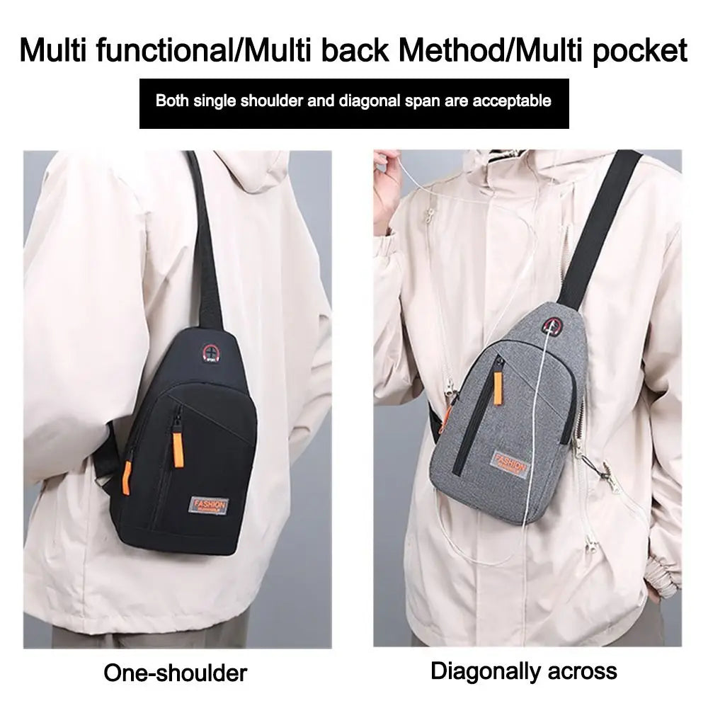 A black and gray multi functional bag shown in one-shoulder and diagonally across configurations.
