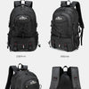 Black waterproof hiking backpack shown from front, side, and behind views.