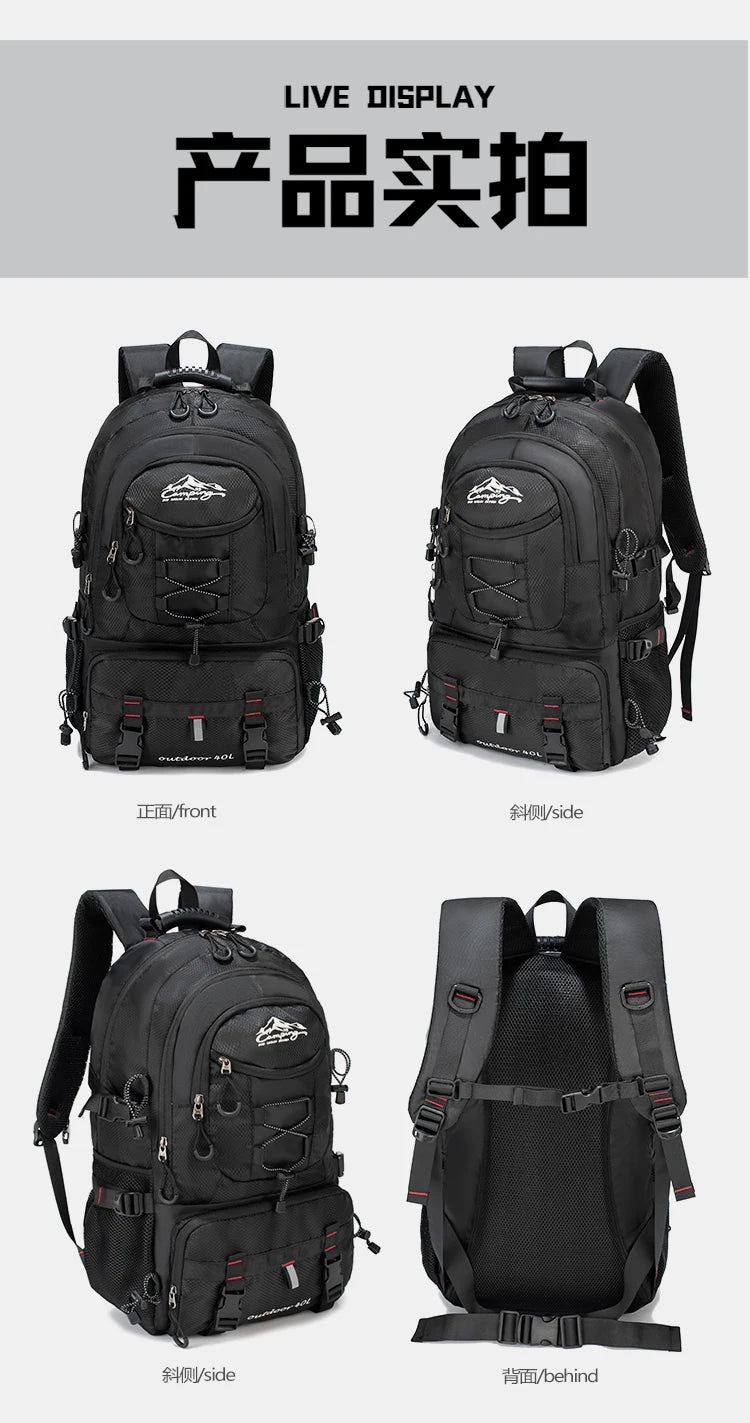 Black waterproof hiking backpack shown from front, side, and behind views.