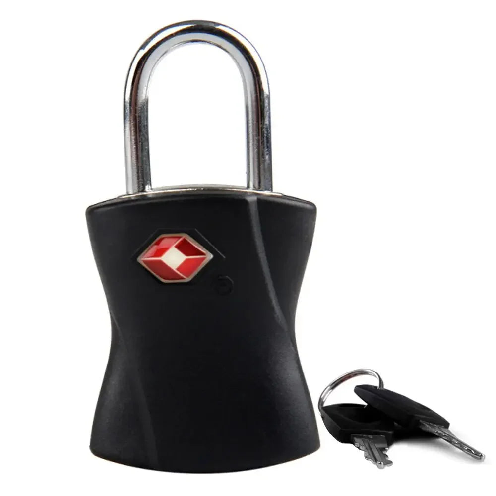A black keyed luggage lock with a silver padlock and a separate key.