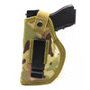 A tan camouflage holster for a handgun with a black metal belt clip.