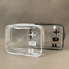 A clear plastic travel toiletry bag with black icons for various toiletries is shown on a neutral background.