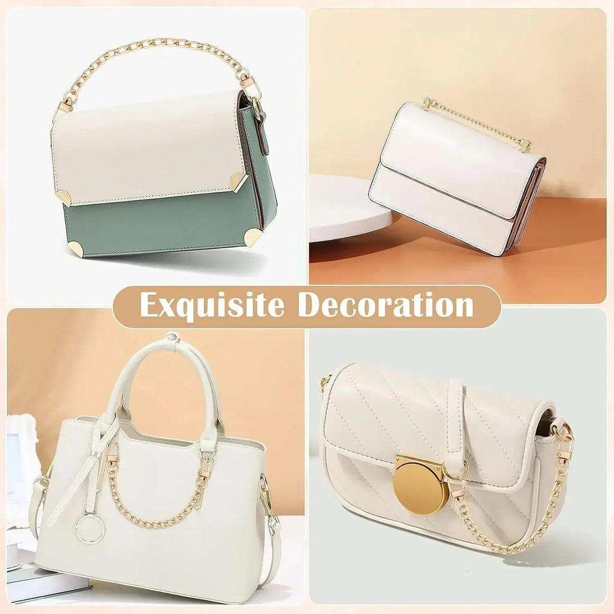 A collection of cream and sage green leather handbags and wallets featuring metal chain straps.