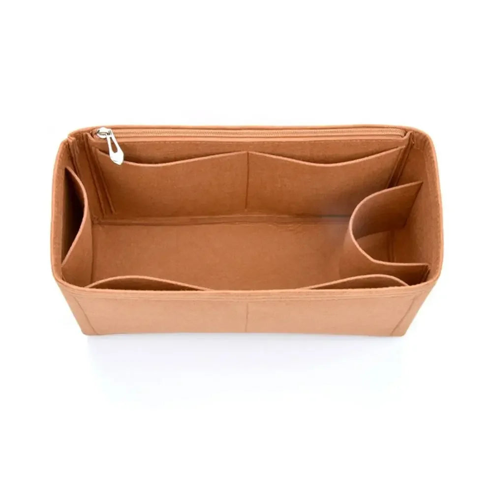 A tan felt insert liner designed for handbags, showing internal compartments.