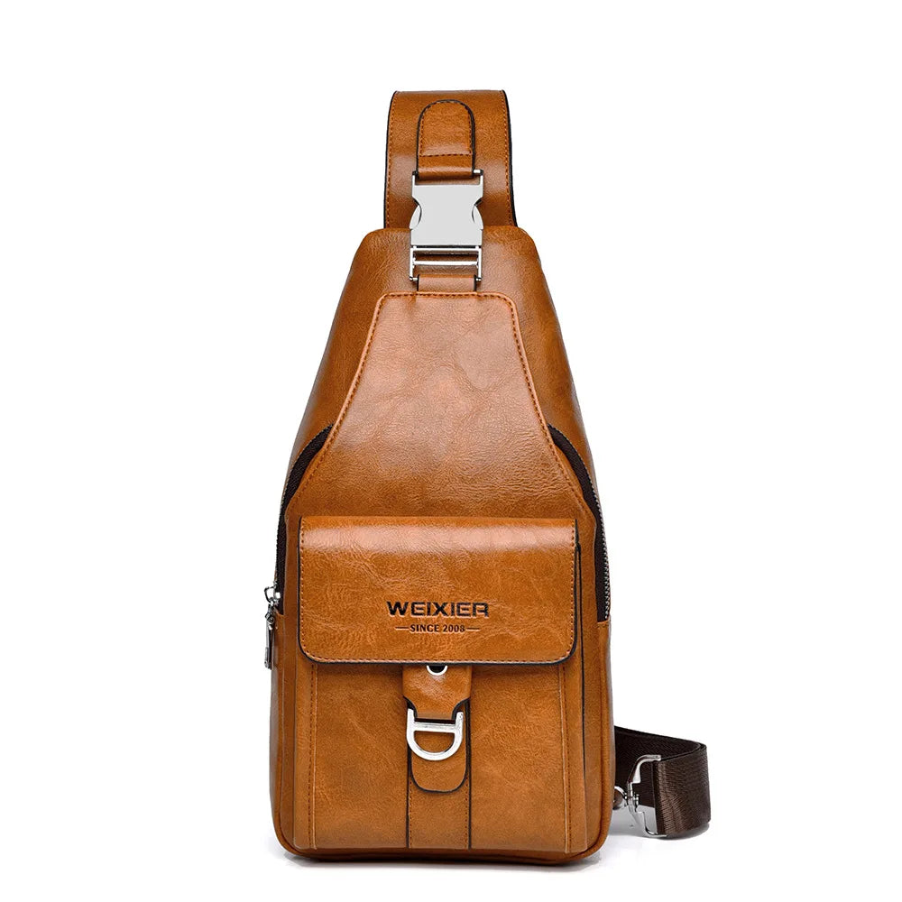 A brown men's PU leather belt sling chest bag with a silver buckle and black trim.