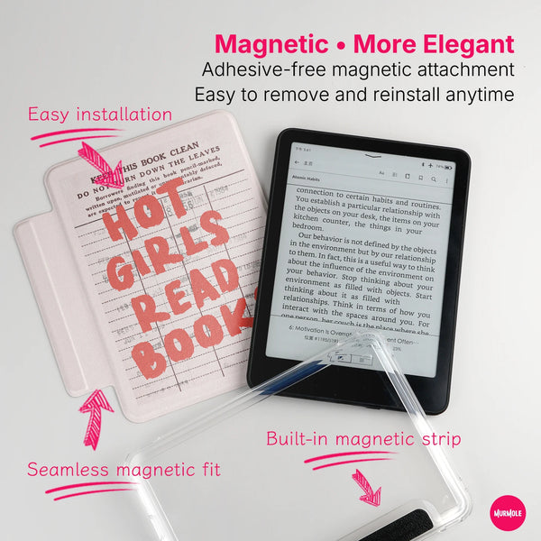 Magnetic adhesive-free attachment for a book cover used to hold a Kindle Paperwhite or Colorsoft device