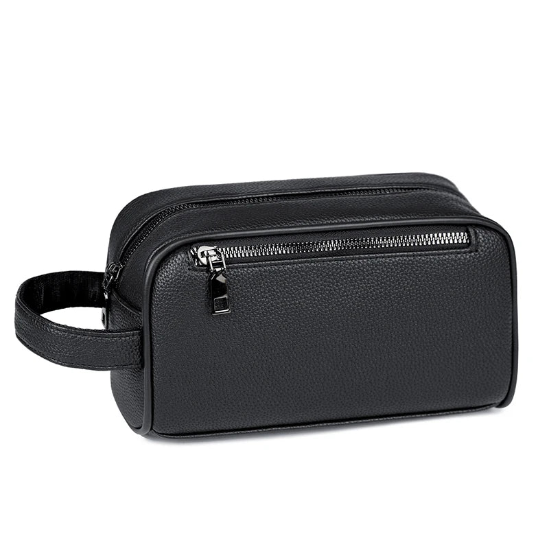 Pochette à clochette en cuir PU noir pour hommes avec une sangle, vue de face.