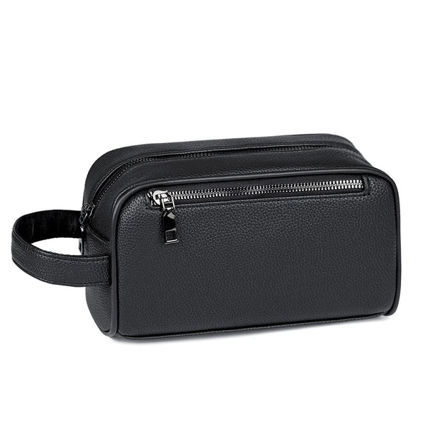 Black men's PU leather clutch bag with a strap shown from the front.