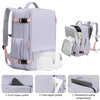 A light purple laptop backpack with multiple pockets and a clear plastic sleeve is shown in various views.