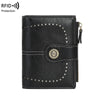 Black leather RFID protection multi-card wallet with stitching and a gold-colored zipper pull
