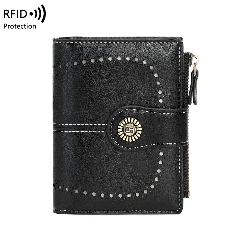 Black leather RFID protection multi-card wallet with stitching and a gold-colored zipper pull