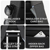 A black laptop backpack showing various features including sunglasses hook, shoulder strap card bag, trolley case fixed strap
