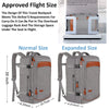 A gray expandable travel backpack shown in normal and expanded sizes with orange accents.