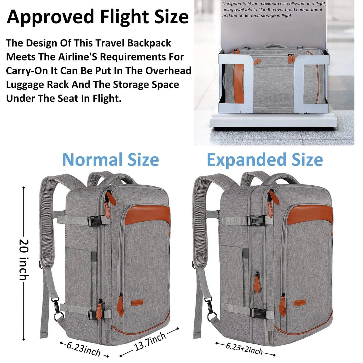 A gray expandable travel backpack shown in normal and expanded sizes with orange accents.