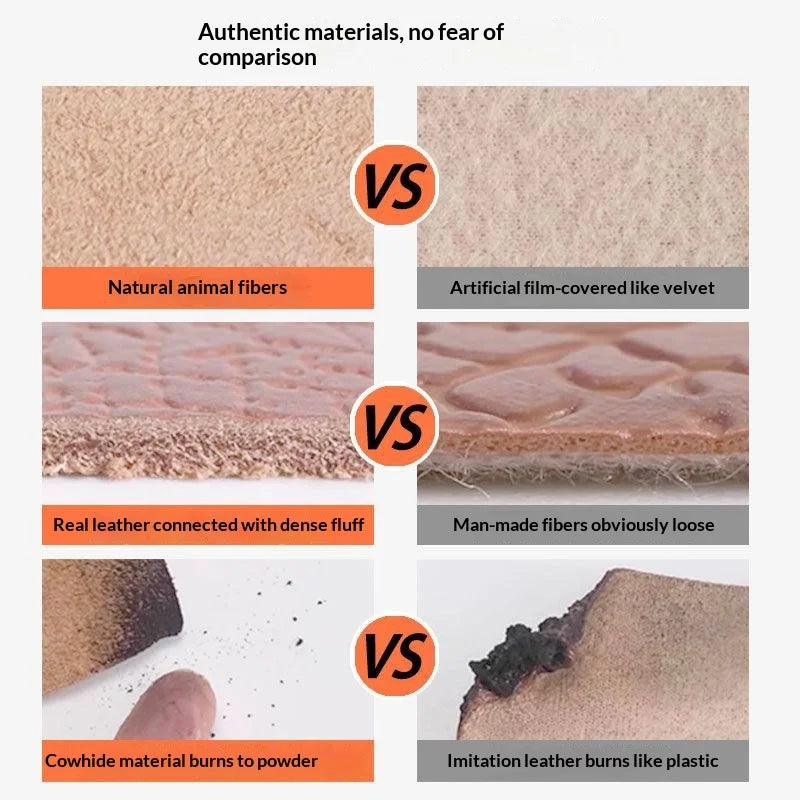 Comparación de fibras naturales de animales, terciopelo cubierto de película artificial, cuero real, fibras hechas por hombre