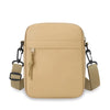 Sac bandoulière unisexe beige avec sangles réglables et fermeture éclair.