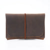 A dark brown minimalist full-grain leather passport holder and card wallet with a flap closure.