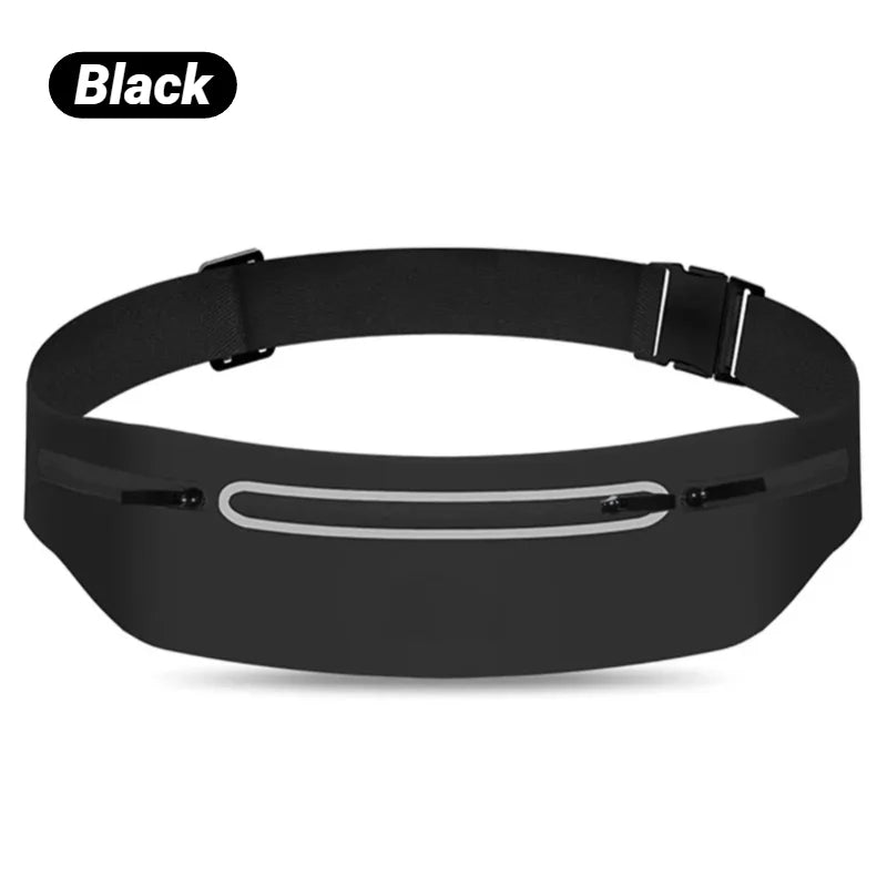 Black slim waterproof running waist pack shown against a white background.