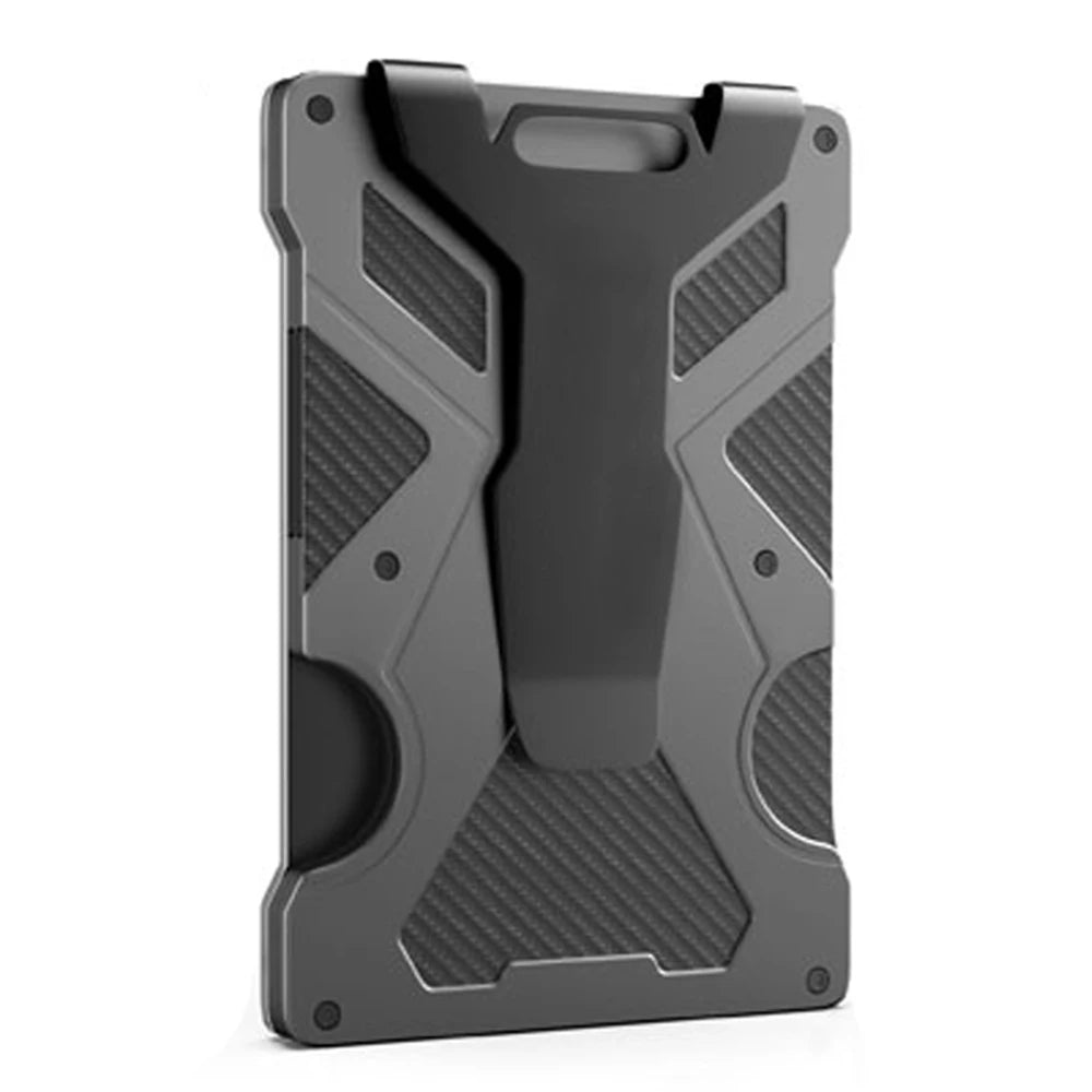 A black slim aluminum metal ID card wallet with textured, geometric design.