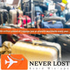 Orange silicone luggage tag with a white airplane symbol and silver chain for identification