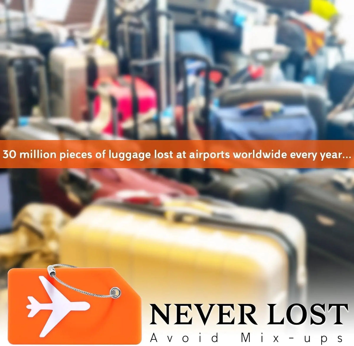 Orange silicone luggage tag with a white airplane symbol and silver chain for identification