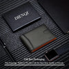 A black slim synthetic leather bifold wallet is shown with a DIENQI gift box and a smartwatch on a dark gray fabric backgroun
