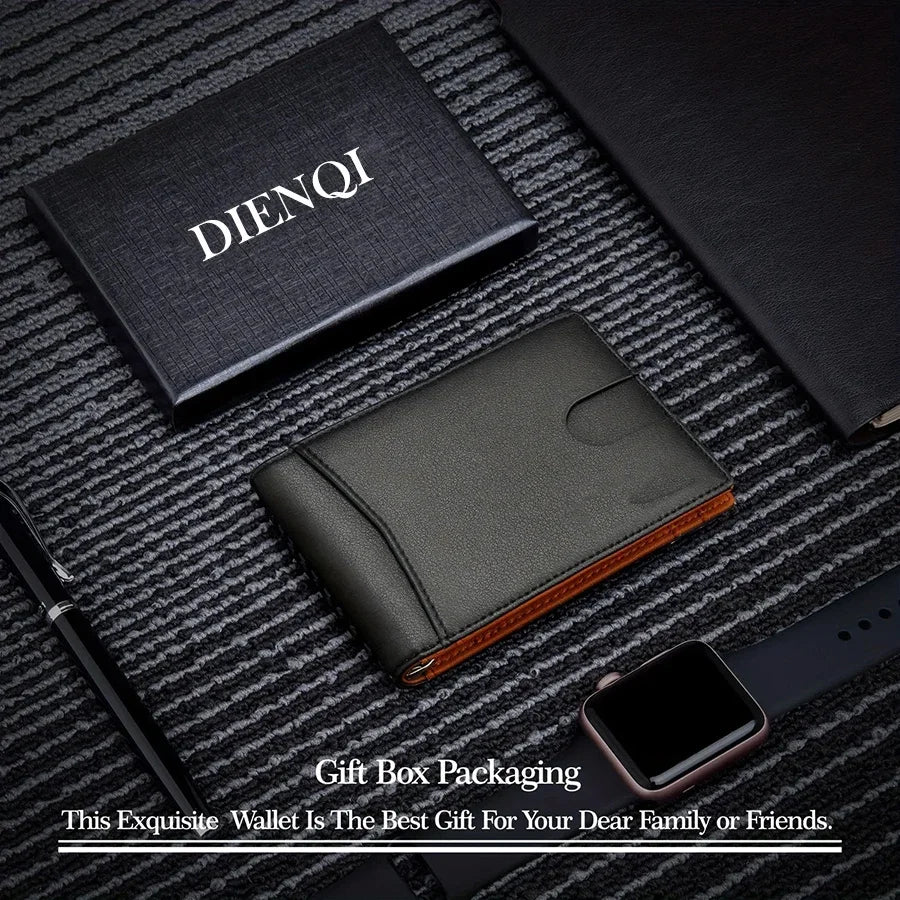A black slim synthetic leather bifold wallet is shown with a DIENQI gift box and a smartwatch on a dark gray fabric backgroun