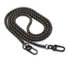 A close-up of a stainless steel diamond-cut curb chain bag strap with a dark finish.
