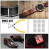 A professional leather hole punch plier is shown with various leather goods and a watch strap.