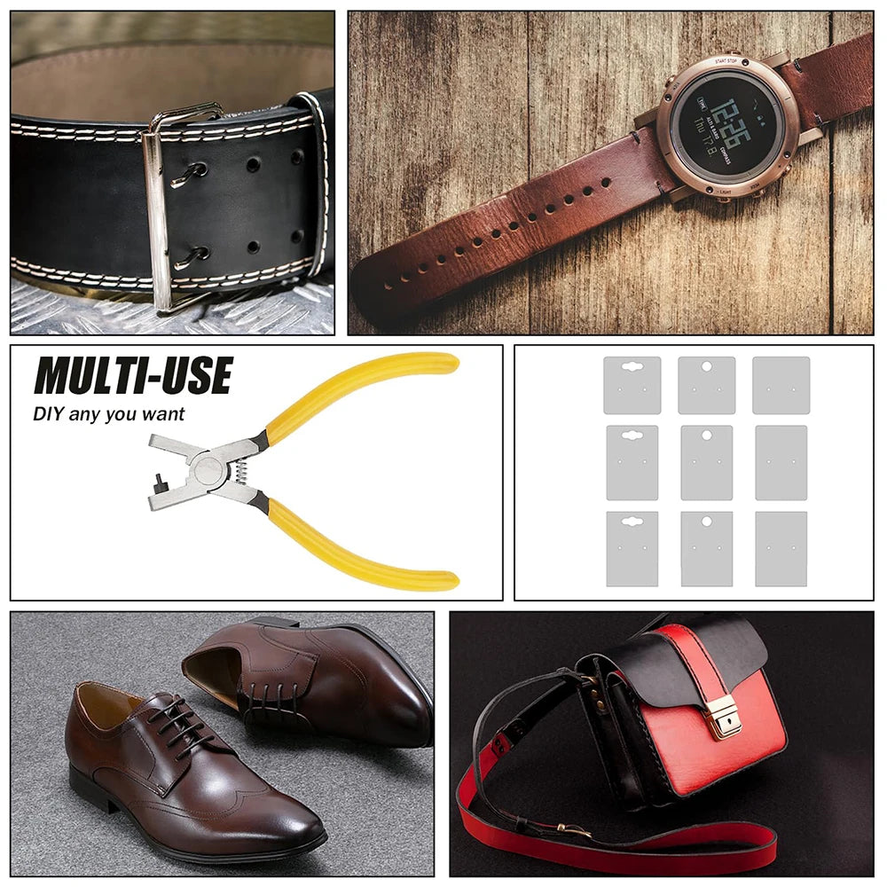 A professional leather hole punch plier is shown with various leather goods and a watch strap.