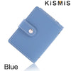 A blue slim leather card holder with a silver snap closure shown from above.