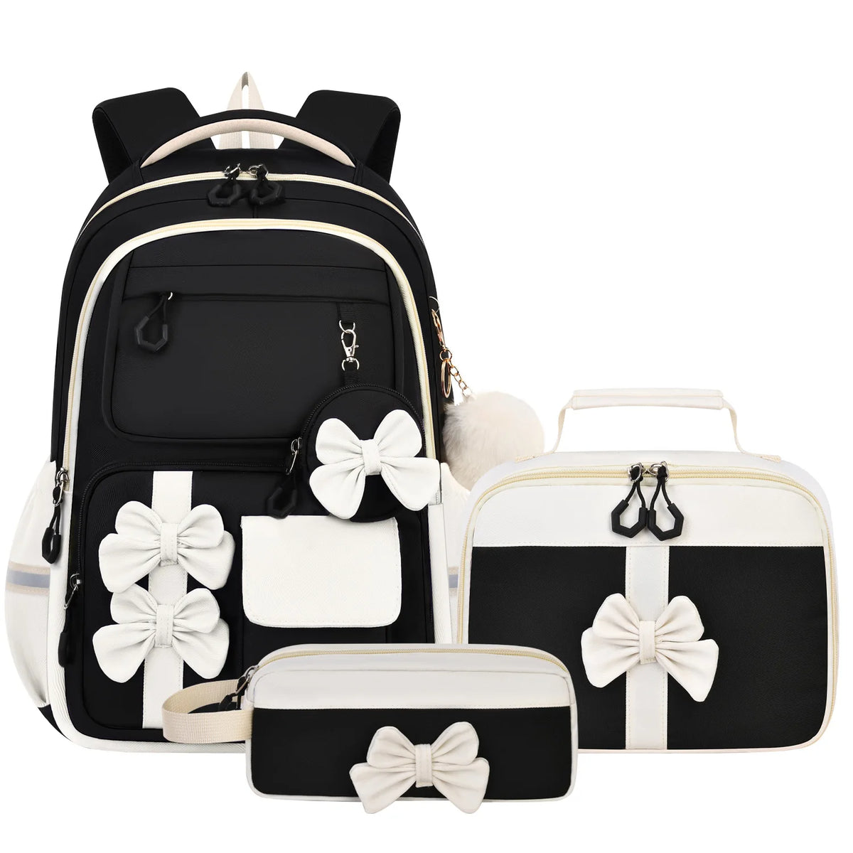 A black and white nylon school backpack set for girls featuring a main backpack and a separate pouch.