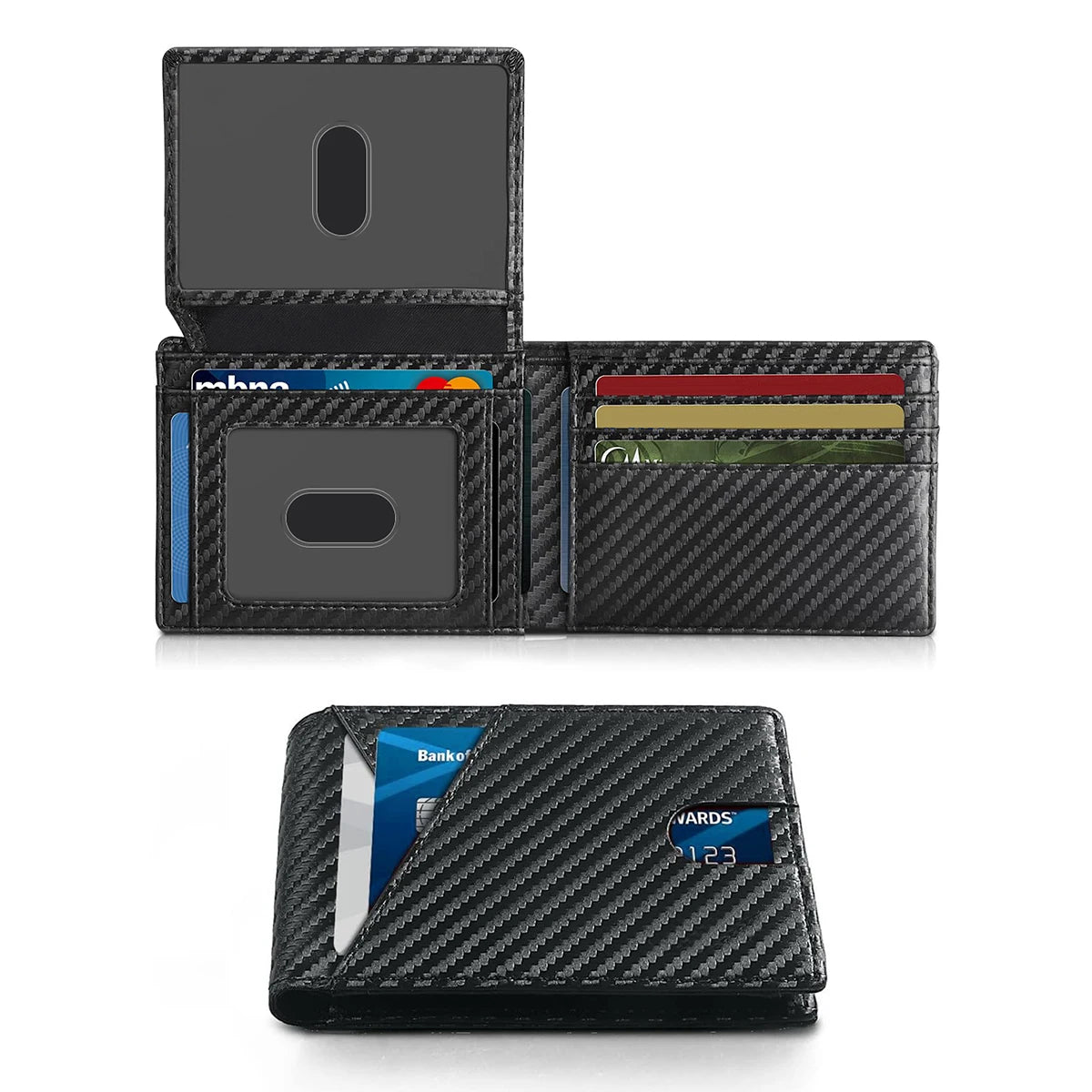 A black slim RFID blocking men's bi-fold wallet shown in three views.