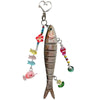 A silver simulation fish keychain with colorful beads and a heart charm.