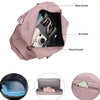 A pink expandable nylon travel duffle bag showing various internal pockets including a main pocket, ID pocket, phone pocket, 