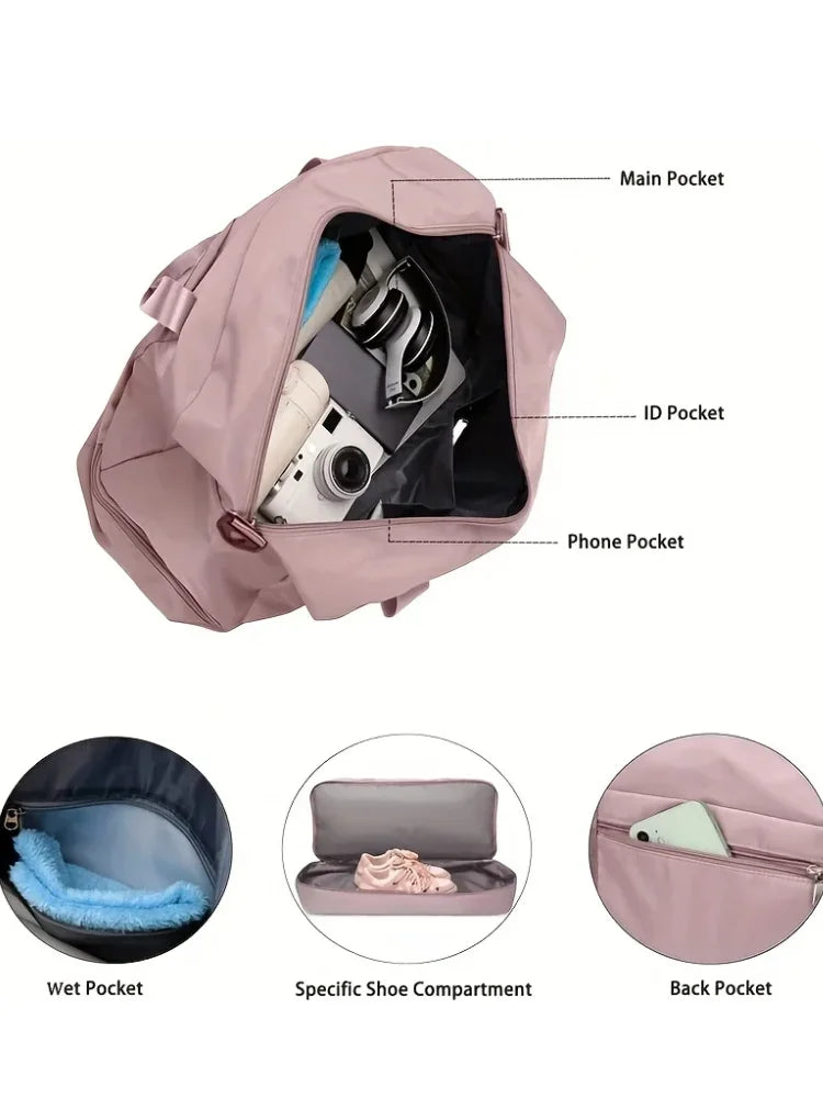 A pink expandable nylon travel duffle bag showing various internal pockets including a main pocket, ID pocket, phone pocket, 