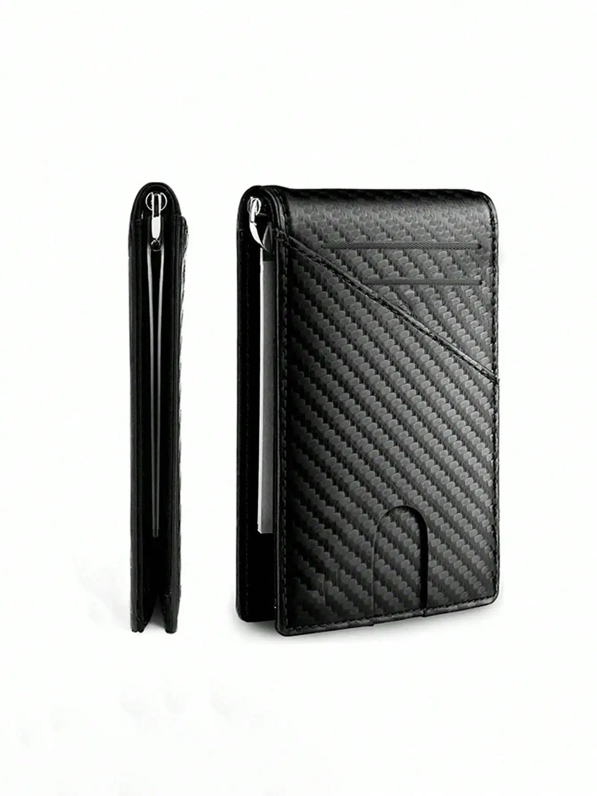 Estuche para tarjeta de fibra de carbono para hombres negro, visto en vertical y horizontal.