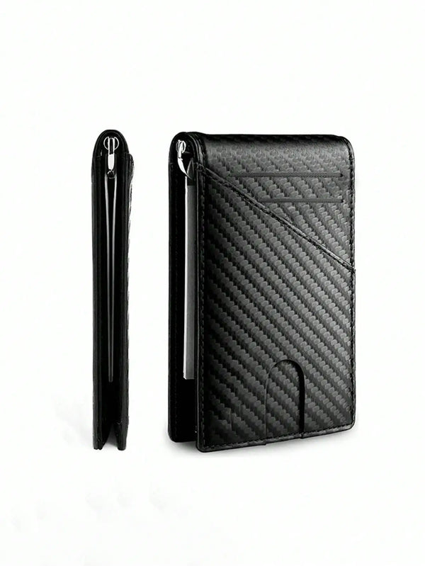 Black men's carbon fiber card holder case shown in a vertical and horizontal view.