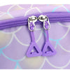 Purple multi-compartment casual backpack with silver zippers and a scale pattern print