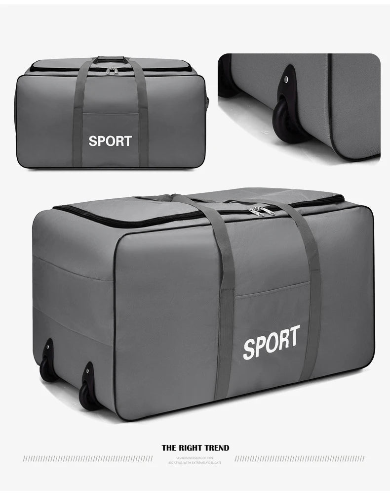 Graue, robuste Sport-Duffeltasche in verschiedenen Ansichten.