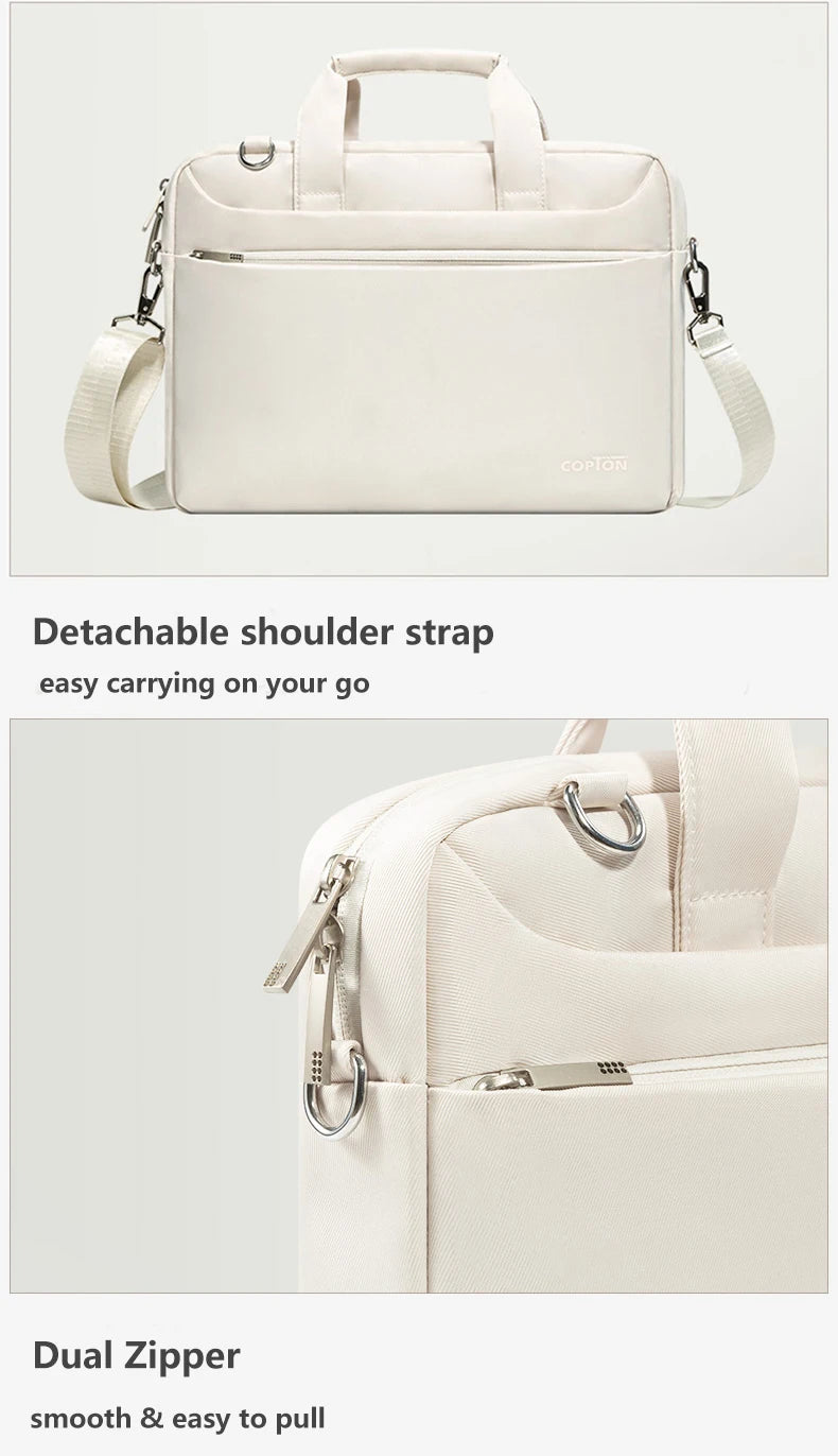 A cream-colored laptop sleeve featuring a detachable shoulder strap and a dual zipper closure.