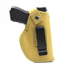A tan leather holster for a firearm with a black metal belt clip.